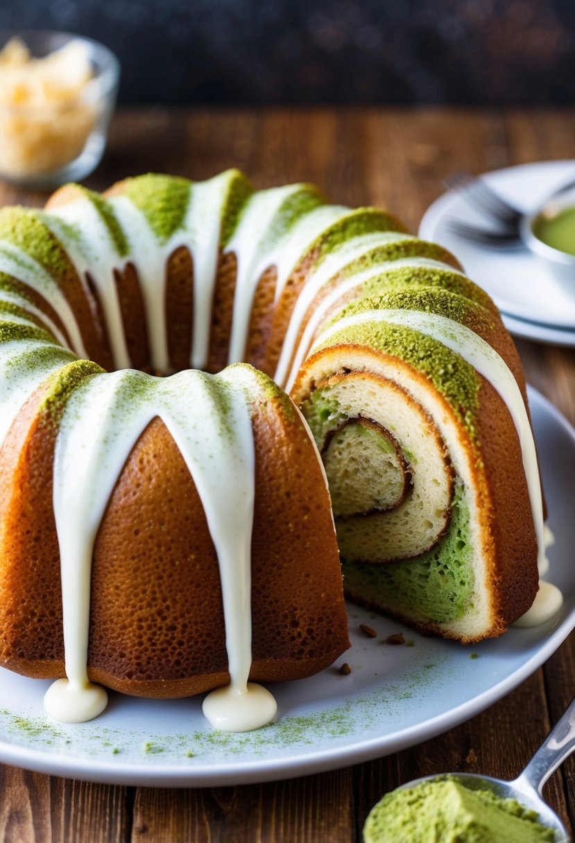 A swirled bundt cake with matcha and vanilla layers, topped with a dusting of matcha powder and a drizzle of vanilla glaze