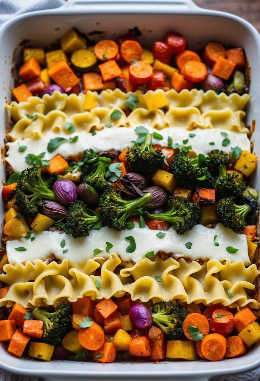 A colorful array of roasted vegetables layered with cheese and lasagna noodles in a baking dish