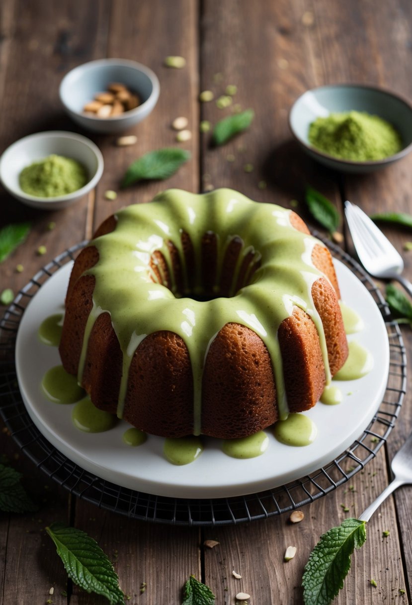 A freshly baked almond glazed matcha pound cake sits on a rustic wooden table, surrounded by scattered matcha leaves and a delicate drizzle of almond glaze