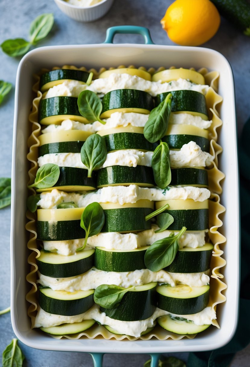 A colorful array of fresh zucchini, vibrant green spinach, and creamy ricotta cheese layered between sheets of lasagna noodles in a baking dish