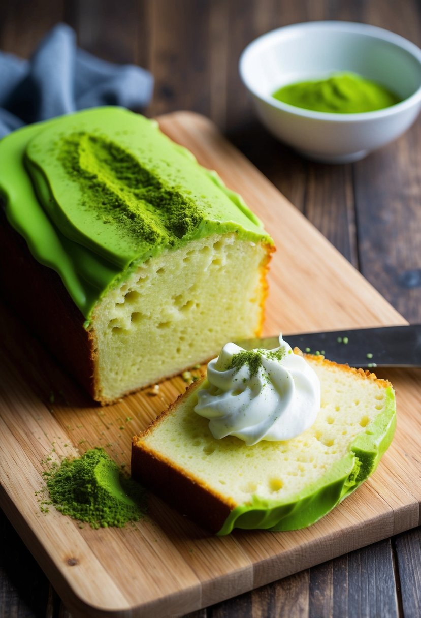 A vibrant green Matcha Sour Cream Pound Cake being sliced on a wooden cutting board, with a dollop of sour cream and a sprinkle of matcha powder on top