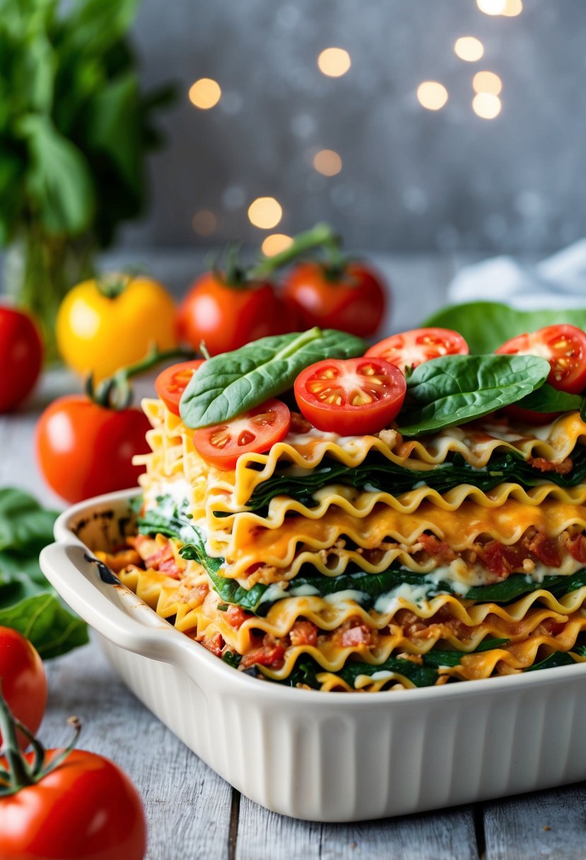 A colorful array of fresh tomatoes, spinach leaves, and layers of cheesy lasagna noodles stacked in a baking dish