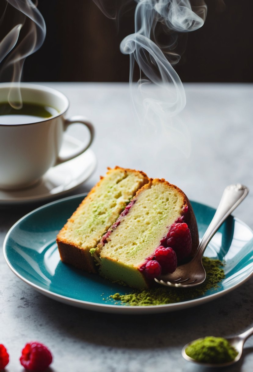 A slice of raspberry matcha pound cake on a plate with a cup of steaming matcha tea beside it