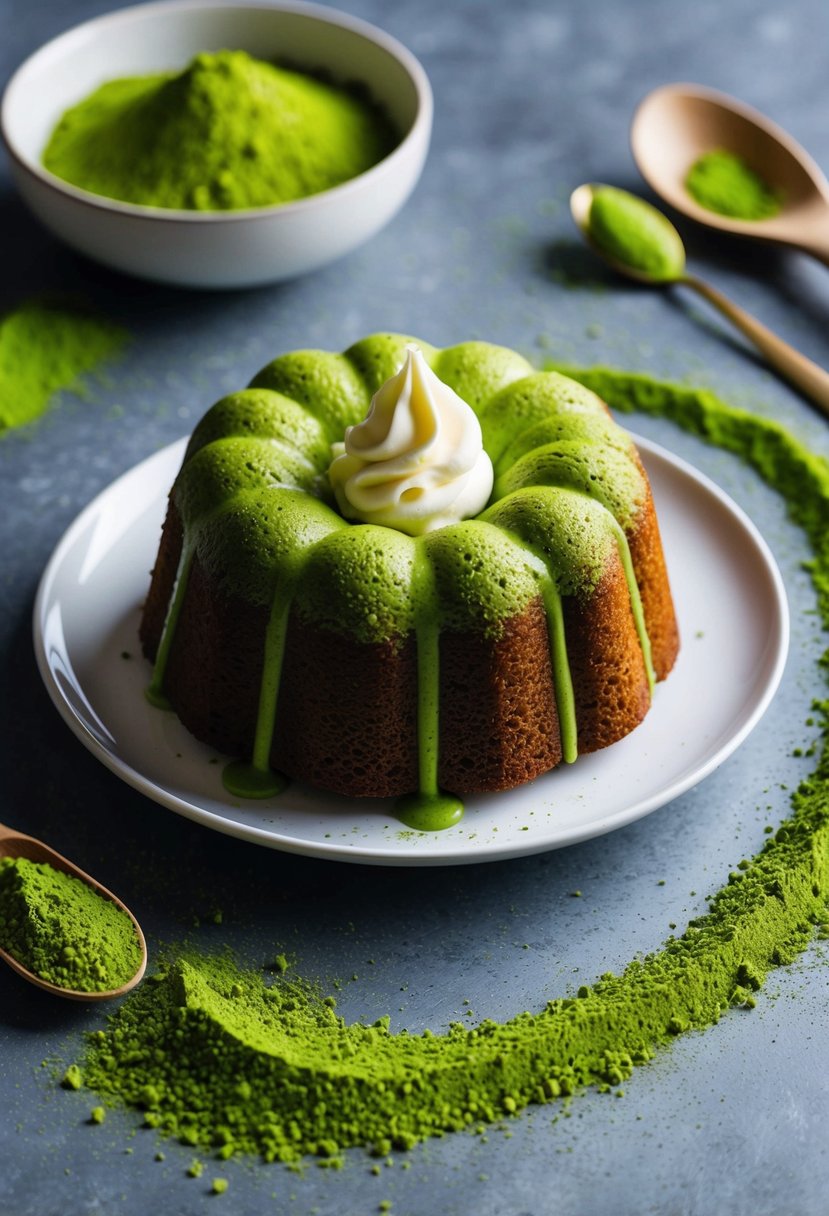 A green matcha pound cake sits on a white plate with a dollop of cream cheese on top, surrounded by scattered matcha powder