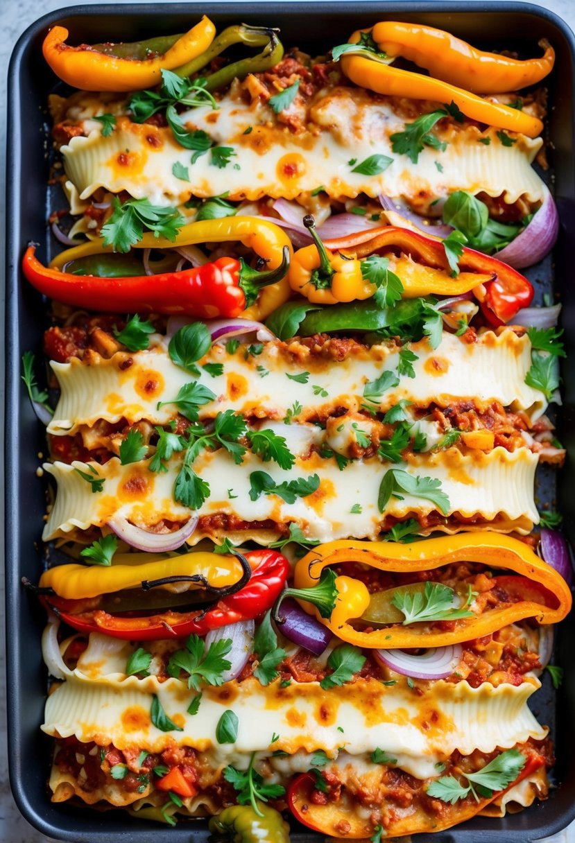 A colorful array of roasted peppers and onions layered between sheets of lasagna, topped with melted cheese and fresh herbs