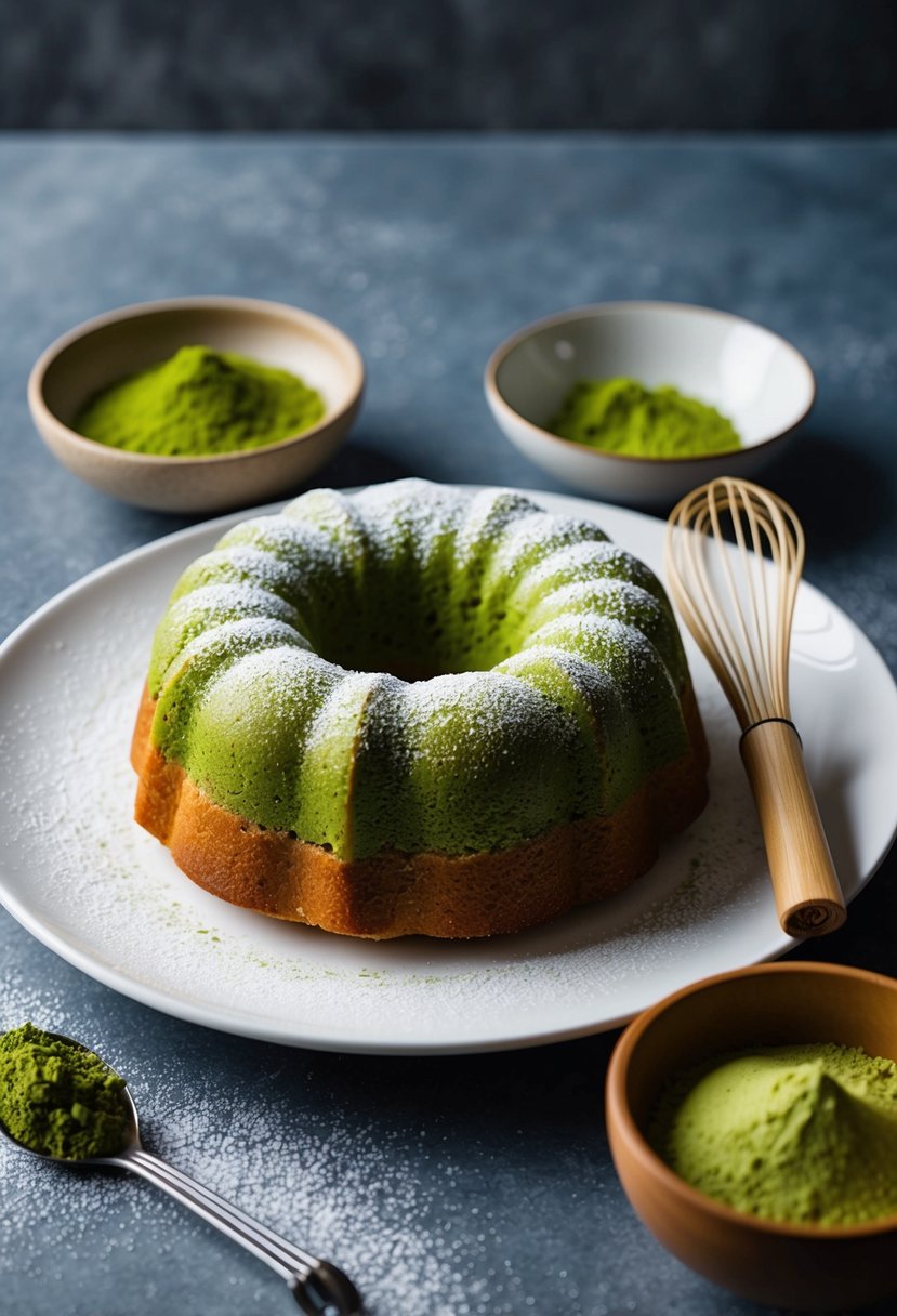 A green matcha pound cake sits on a white plate with a dusting of powdered sugar, accompanied by a bamboo whisk and a bowl of matcha powder