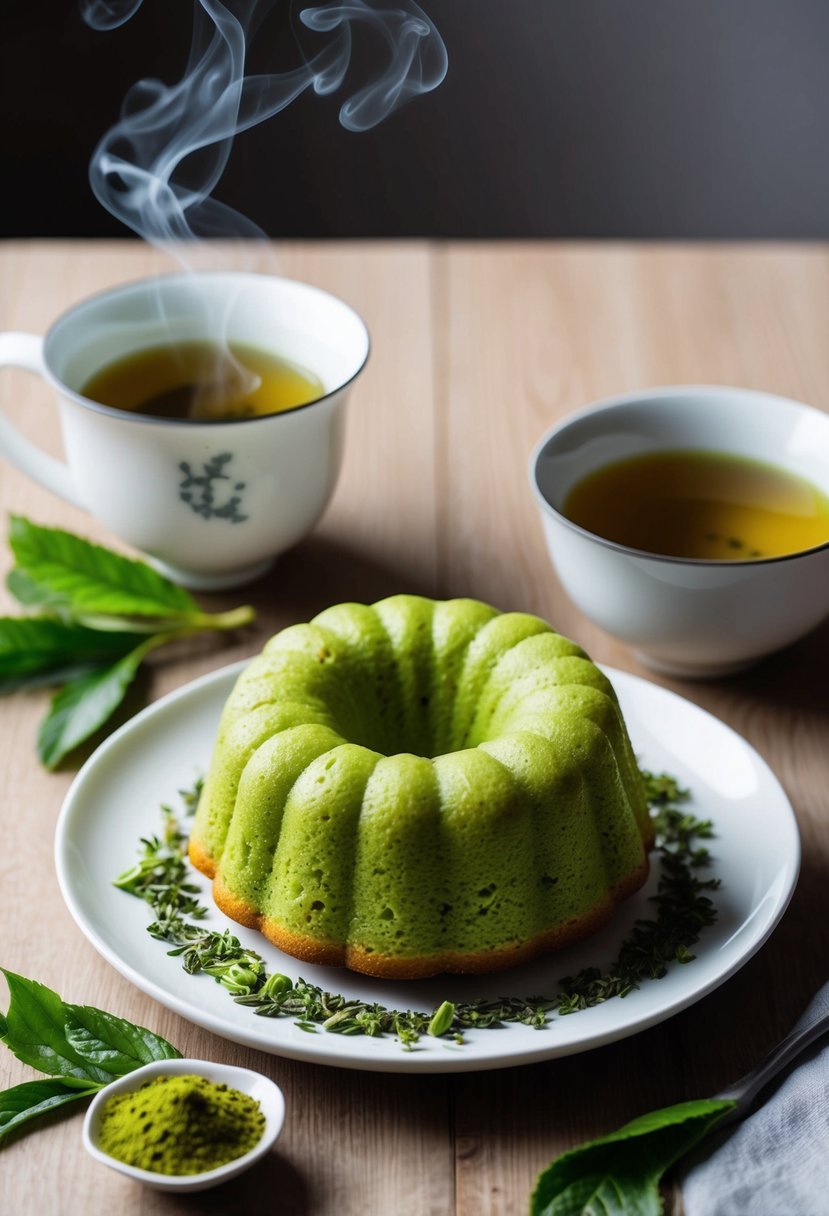 A green matcha pound cake sits on a white plate, surrounded by a scattering of fresh matcha leaves and a steaming cup of Japanese green tea