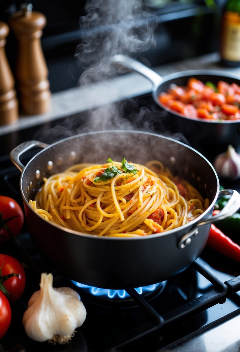 A steaming pot of diavolo pasta simmering on a stovetop, surrounded by fresh ingredients like tomatoes, garlic, and chili peppers