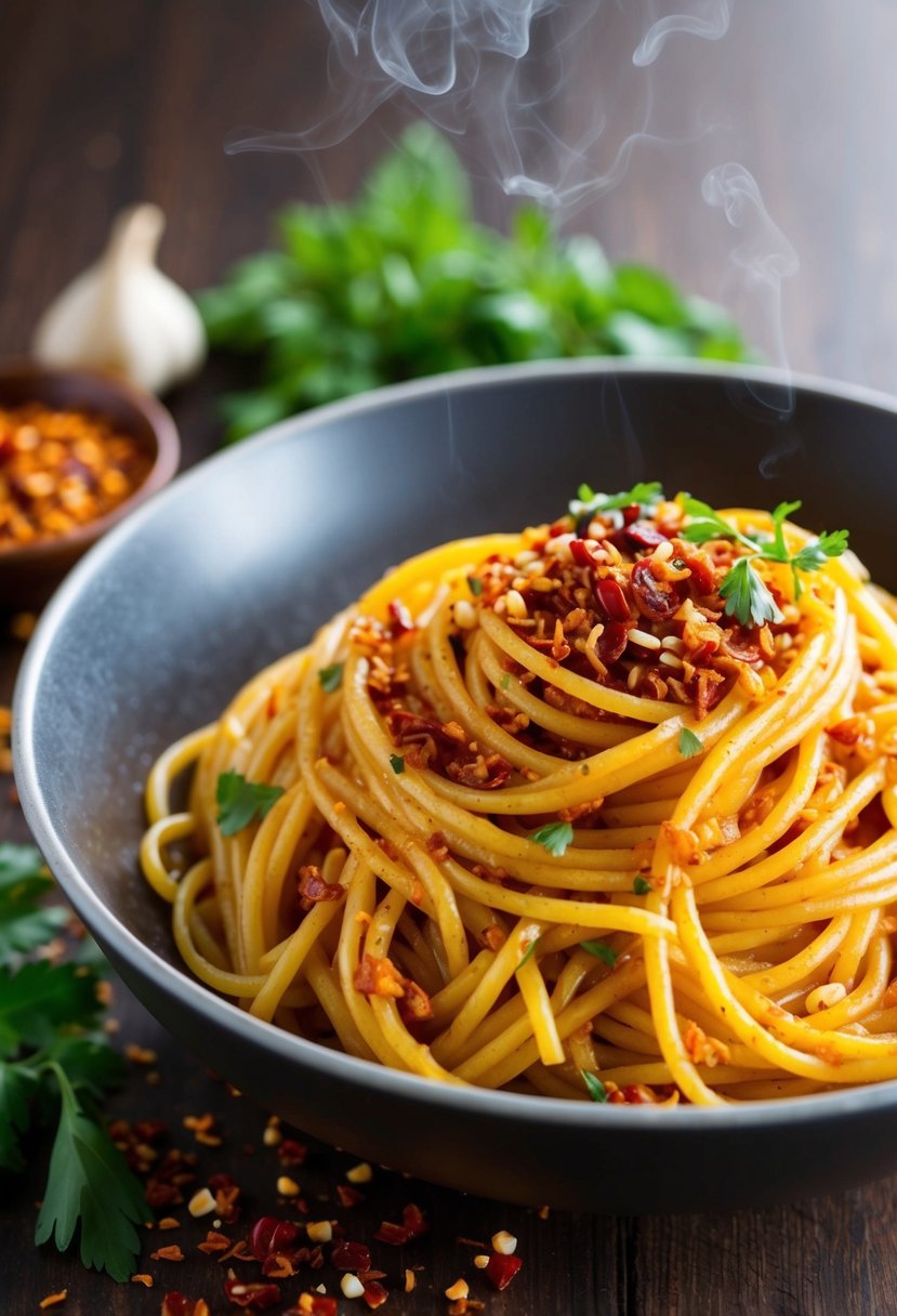 A steaming bowl of spicy spaghetti with chili and garlic, surrounded by crushed red pepper flakes and fresh herbs