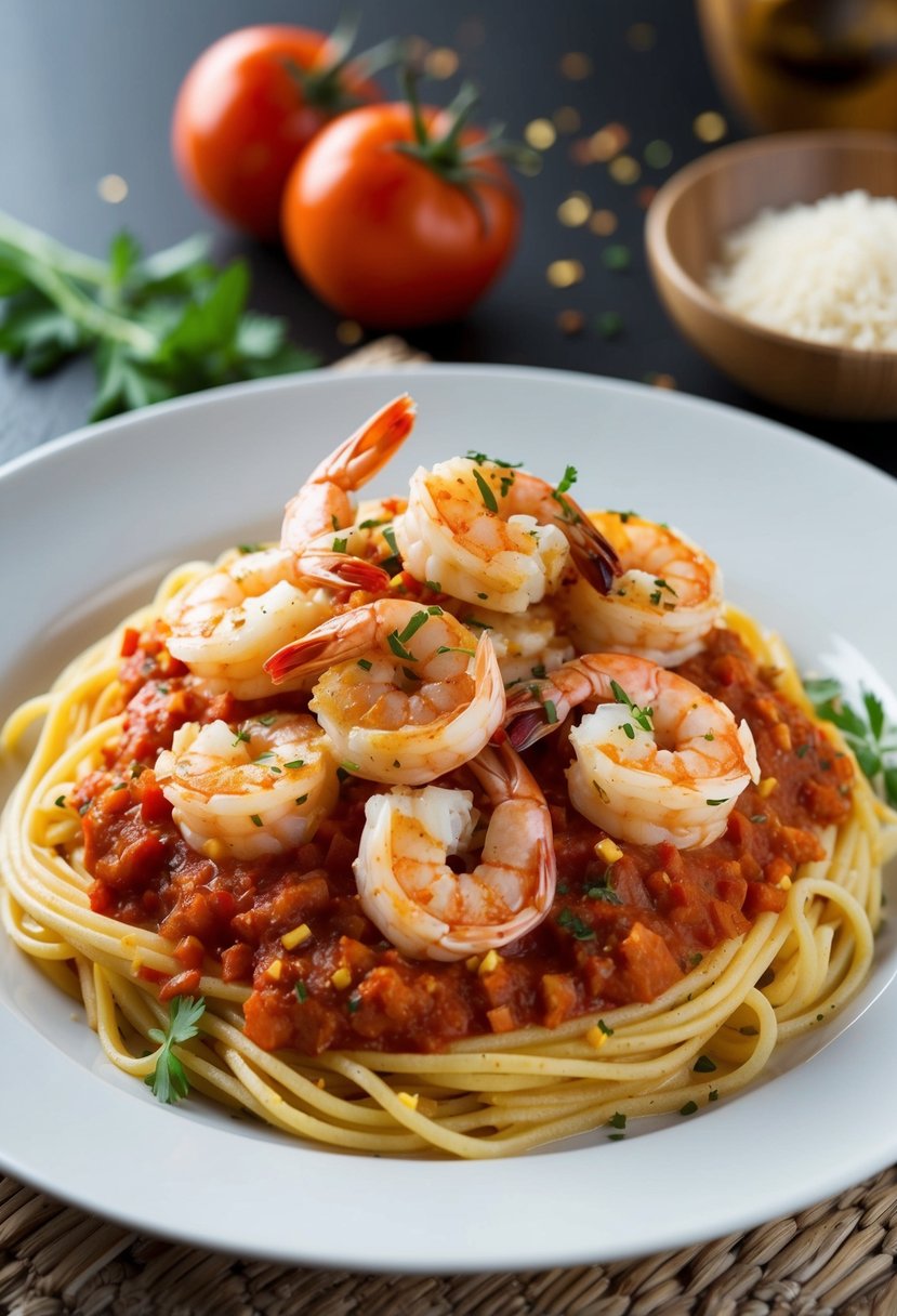 A steaming plate of Shrimp Fra Diavolo with Tomato Sauce on a bed of diavolo pasta, garnished with fresh herbs and red pepper flakes