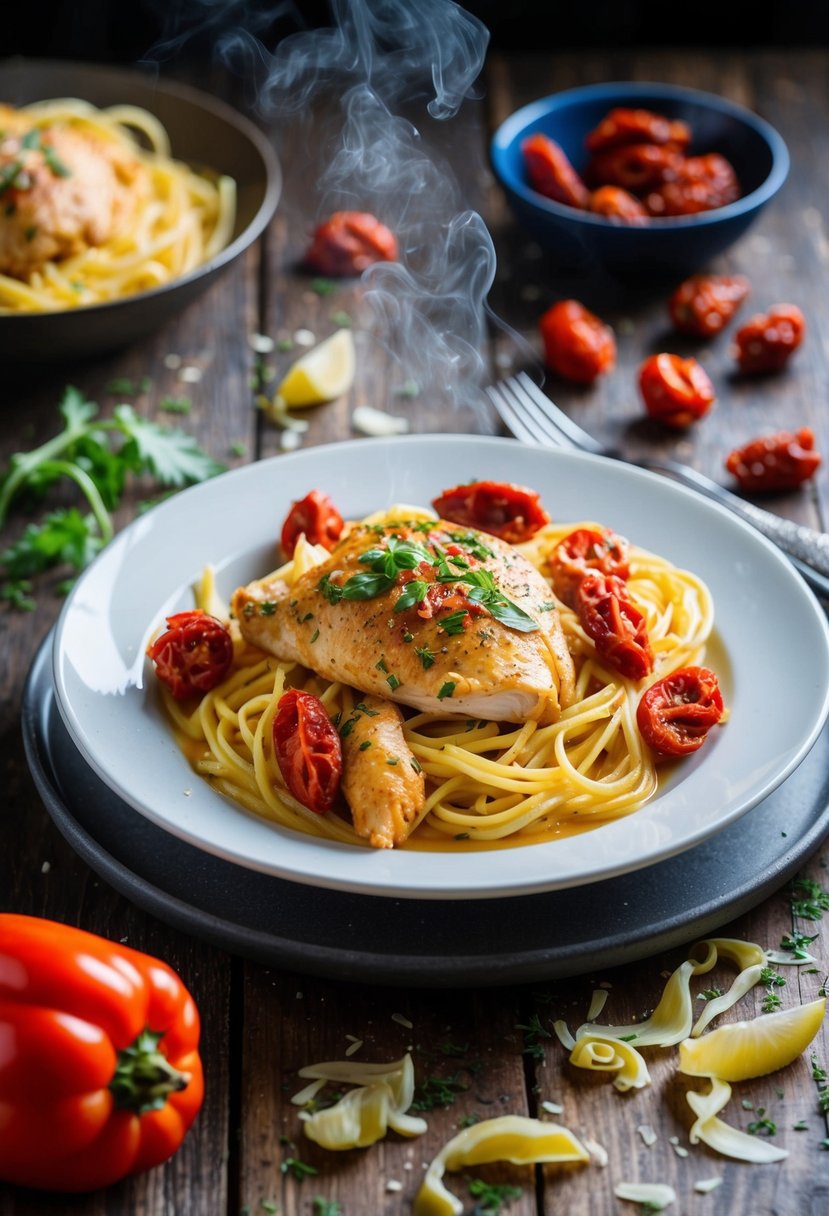 A steaming plate of Chicken Fra Diavolo with Sun-Dried Tomatoes sits on a rustic wooden table, surrounded by scattered ingredients and a vibrant red diavolo pasta