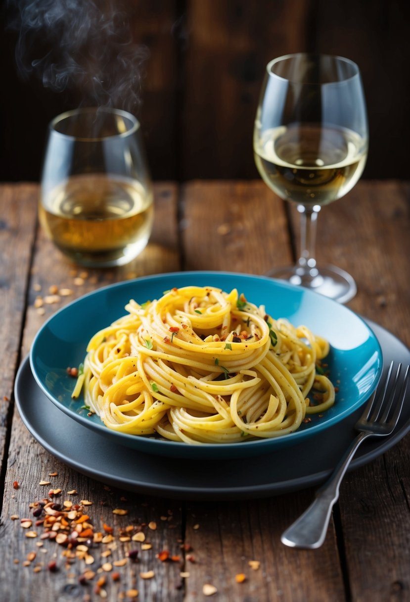 A steaming plate of bucatini fra diavolo with a glass of white wine on a rustic wooden table. A scattering of red pepper flakes adds a pop of color