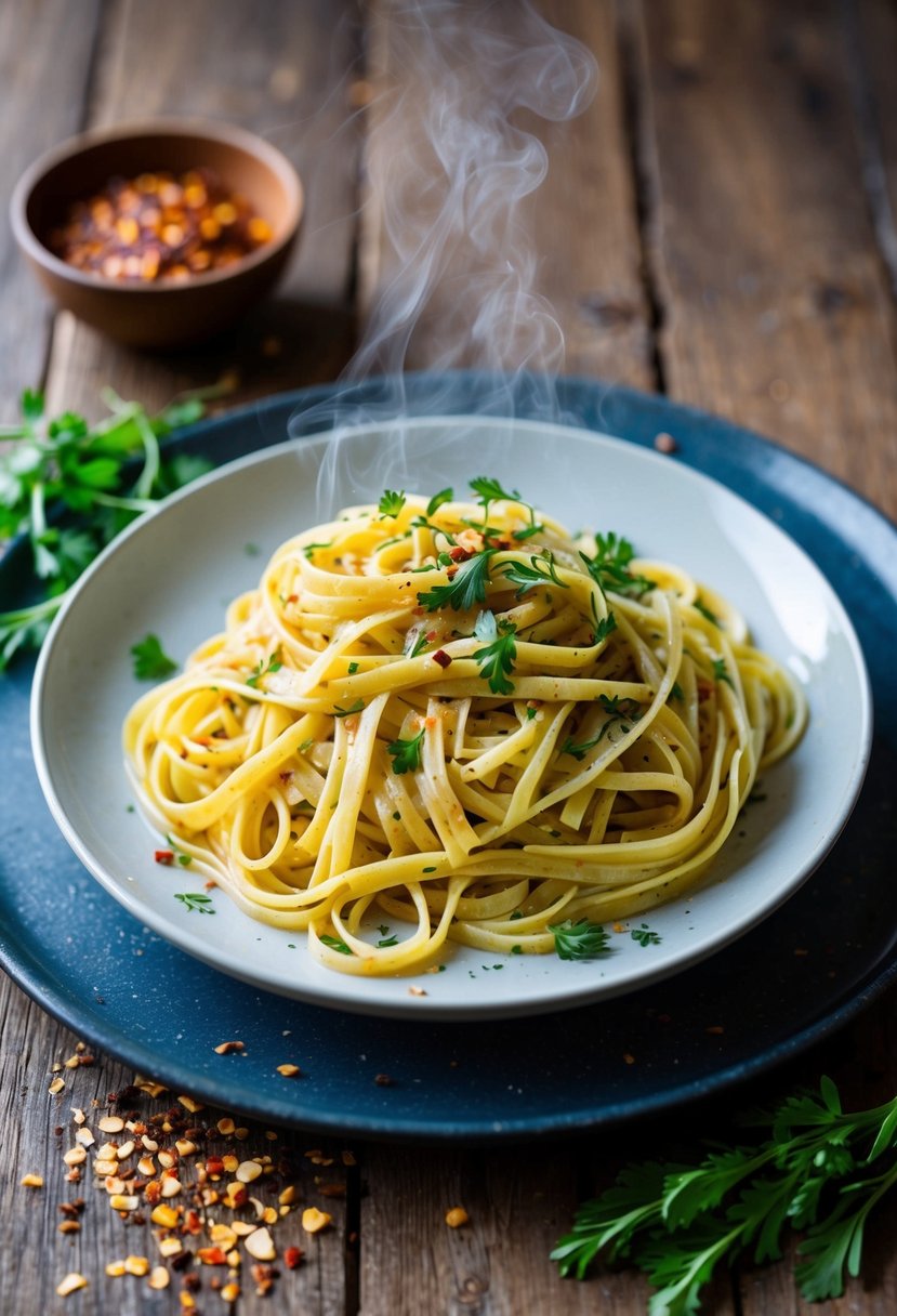 A steaming plate of linguine fra diavolo topped with fresh herbs on a rustic wooden table. A scattering of red pepper flakes adds a pop of color