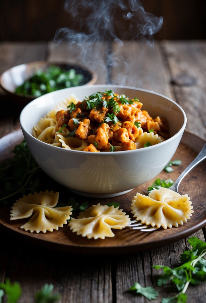 A steaming bowl of bow tie pasta in spicy Fra Diavolo sauce, garnished with fresh herbs and served on a rustic wooden table