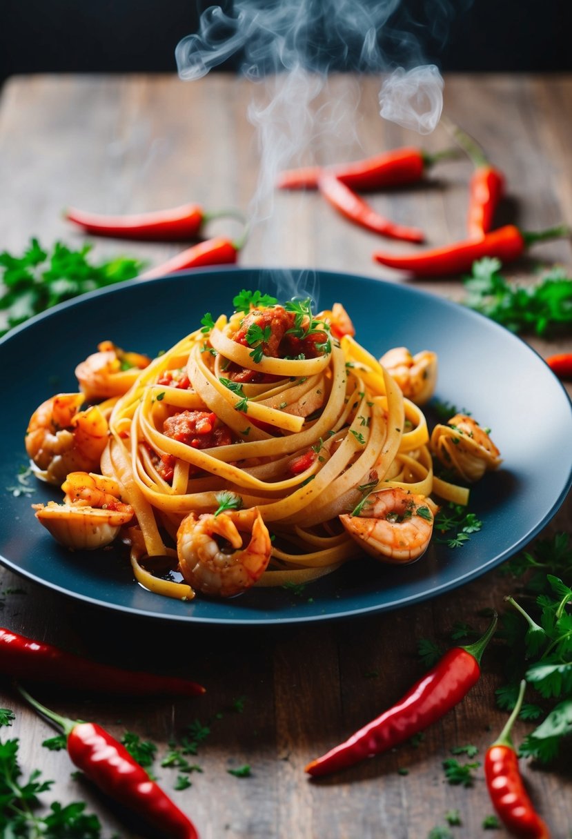 A steaming plate of spicy shellfish linguine with red diavolo sauce, surrounded by scattered chili peppers and fresh herbs