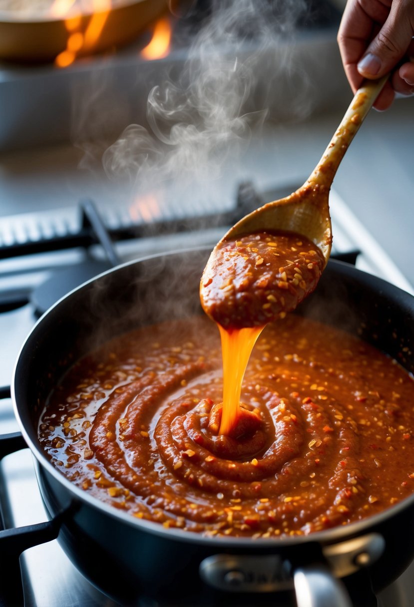 A steaming pot of Fra Diavolo sauce simmers on the stove, red chili flakes swirling in the spicy, fiery concoction