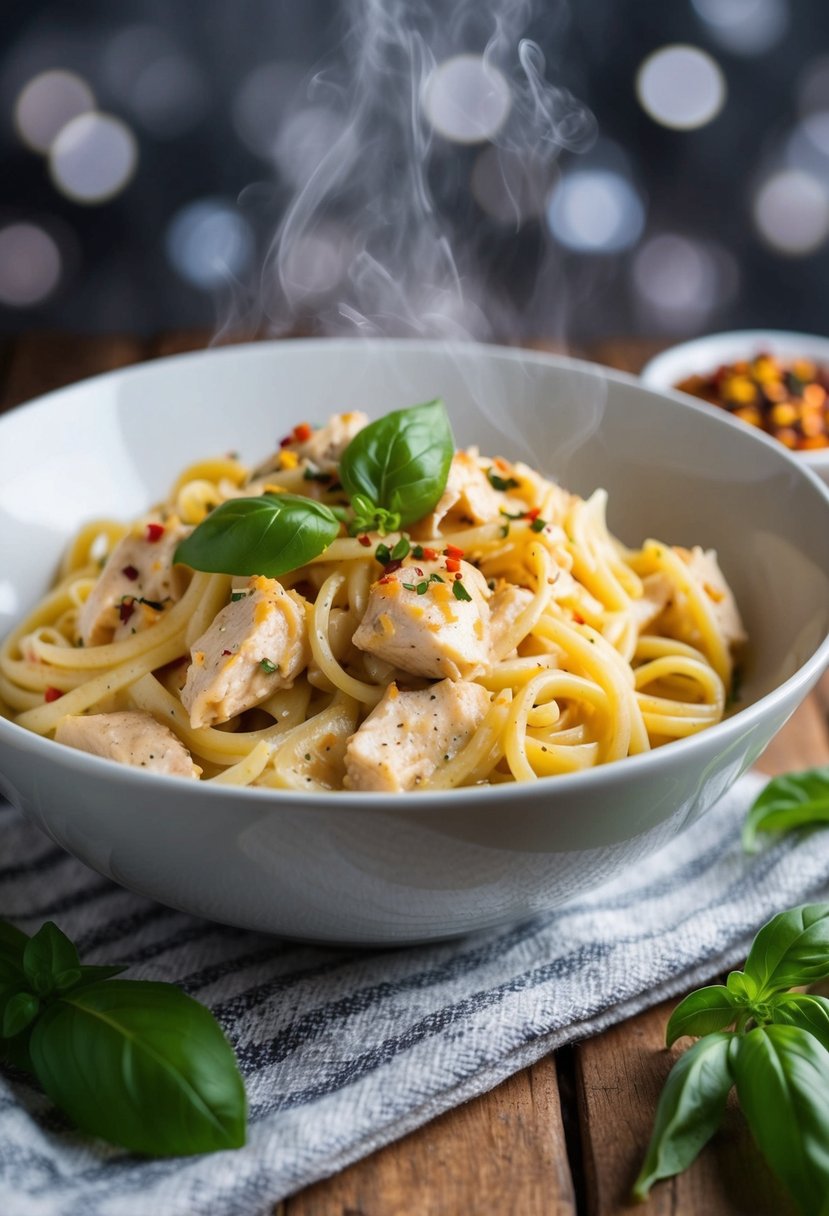 A steaming bowl of creamy chicken diavolo pasta garnished with fresh basil leaves and red pepper flakes