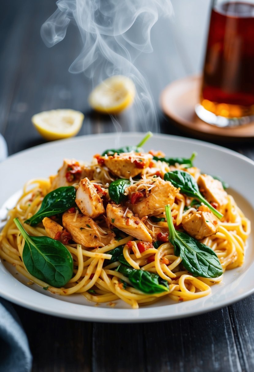 A steaming plate of chicken diavolo pasta topped with fresh baby spinach