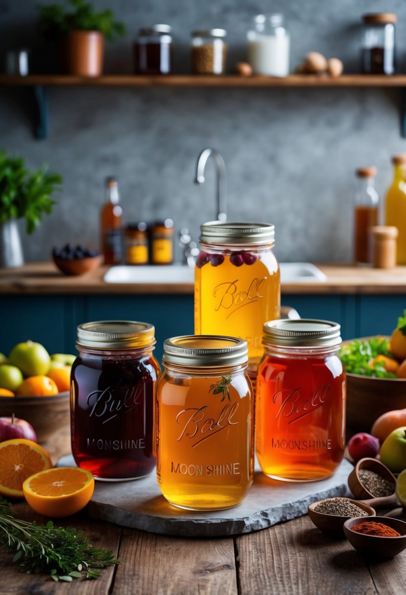 A rustic kitchen with mason jars filled with homemade moonshine in various flavors, surrounded by fresh fruits, herbs, and spices