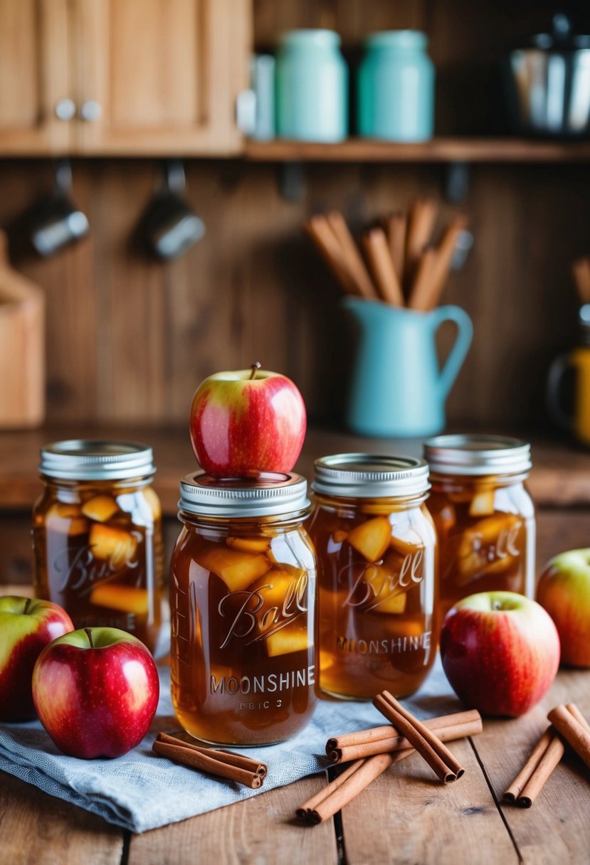 A rustic kitchen counter with mason jars filled with homemade apple pie moonshine, surrounded by cinnamon sticks and fresh apples