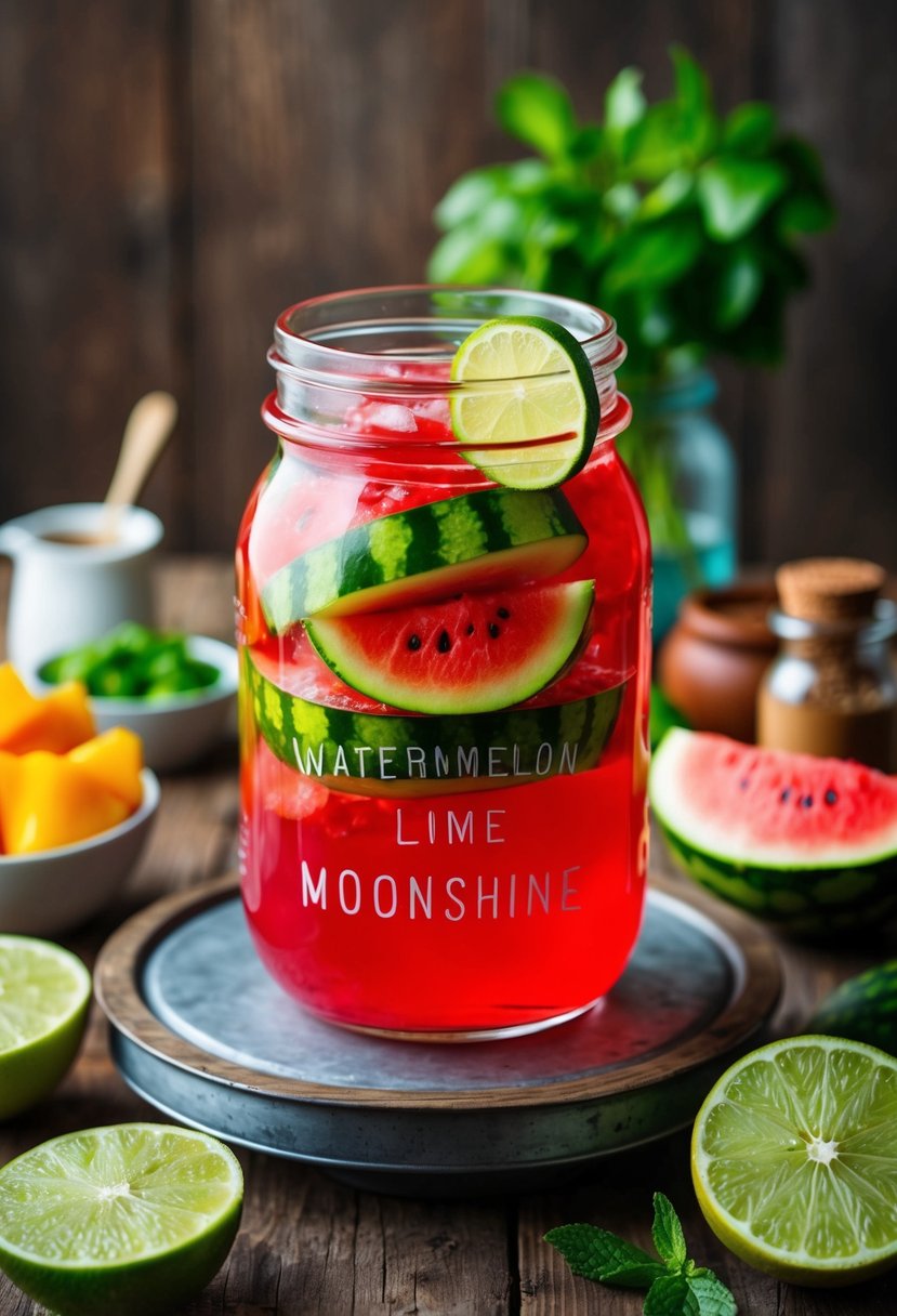 A mason jar filled with watermelon lime moonshine sits on a rustic wooden table, surrounded by fresh fruit and ingredients for homemade flavored moonshine recipes