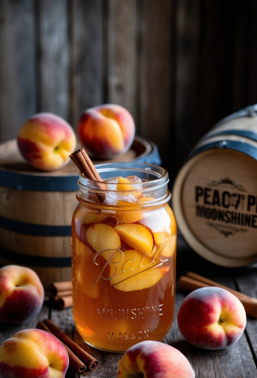 A mason jar filled with peach pie moonshine surrounded by fresh peaches, cinnamon sticks, and a rustic wooden barrel