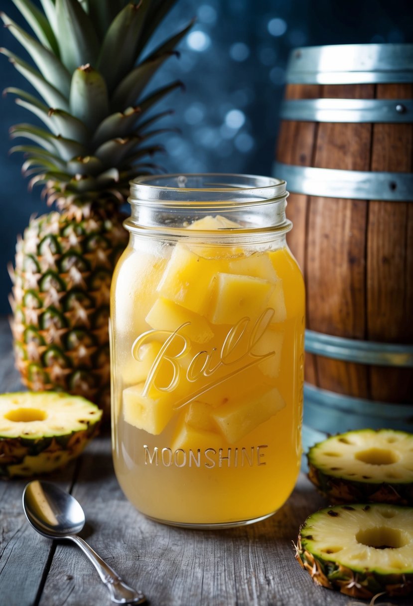 A mason jar filled with pineapple moonshine surrounded by fresh pineapple slices and a rustic wooden barrel