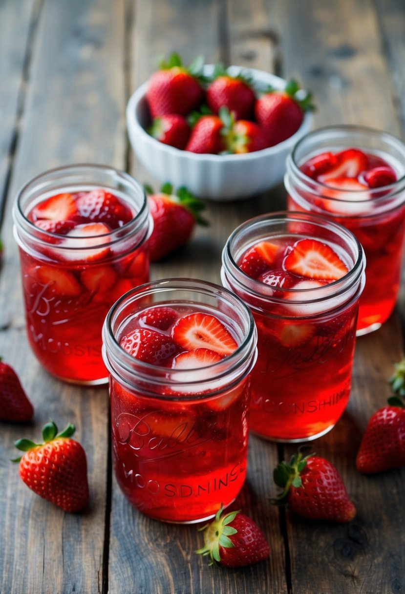 A rustic wooden table holds mason jars filled with vibrant red strawberry moonshine. A scattering of fresh strawberries adds a pop of color to the scene