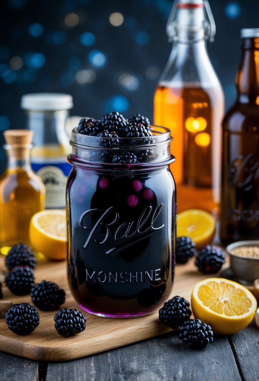 A mason jar filled with blackberries, surrounded by moonshine bottles and ingredients