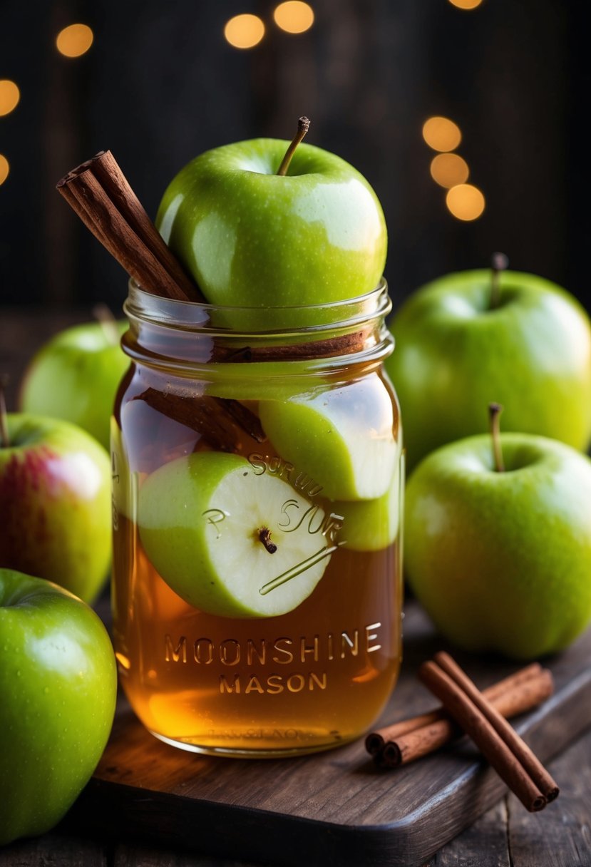 A mason jar filled with sour apple moonshine surrounded by fresh green apples and cinnamon sticks