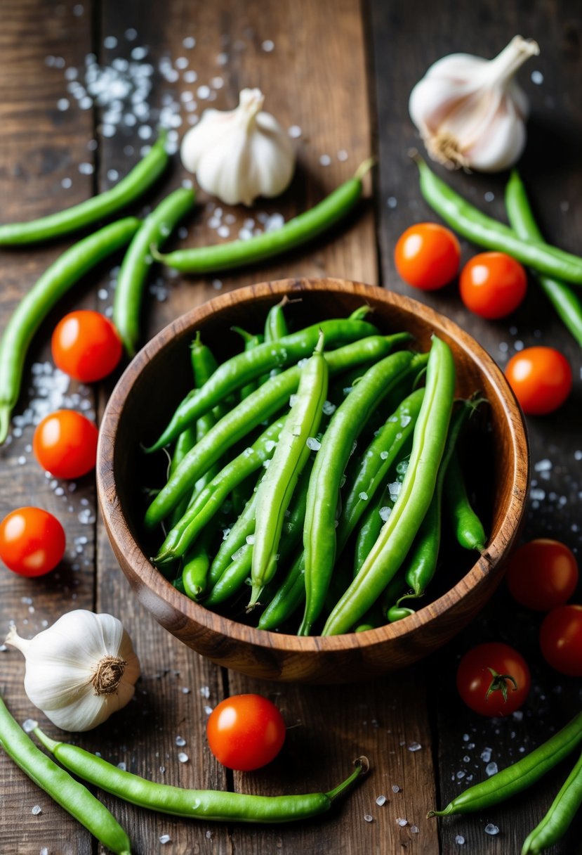 Fresh green beans arranged in a rustic wooden bowl, surrounded by scattered garlic cloves, cherry tomatoes, and a sprinkle of sea salt