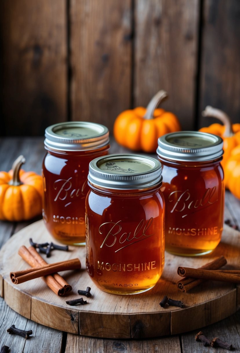 A rustic wooden table with mason jars filled with amber-colored pumpkin spice moonshine, surrounded by cinnamon sticks and cloves