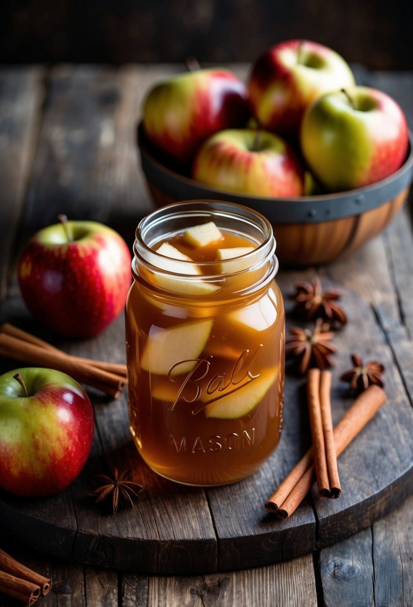 A mason jar filled with caramel apple moonshine surrounded by fresh apples and cinnamon sticks on a rustic wooden table