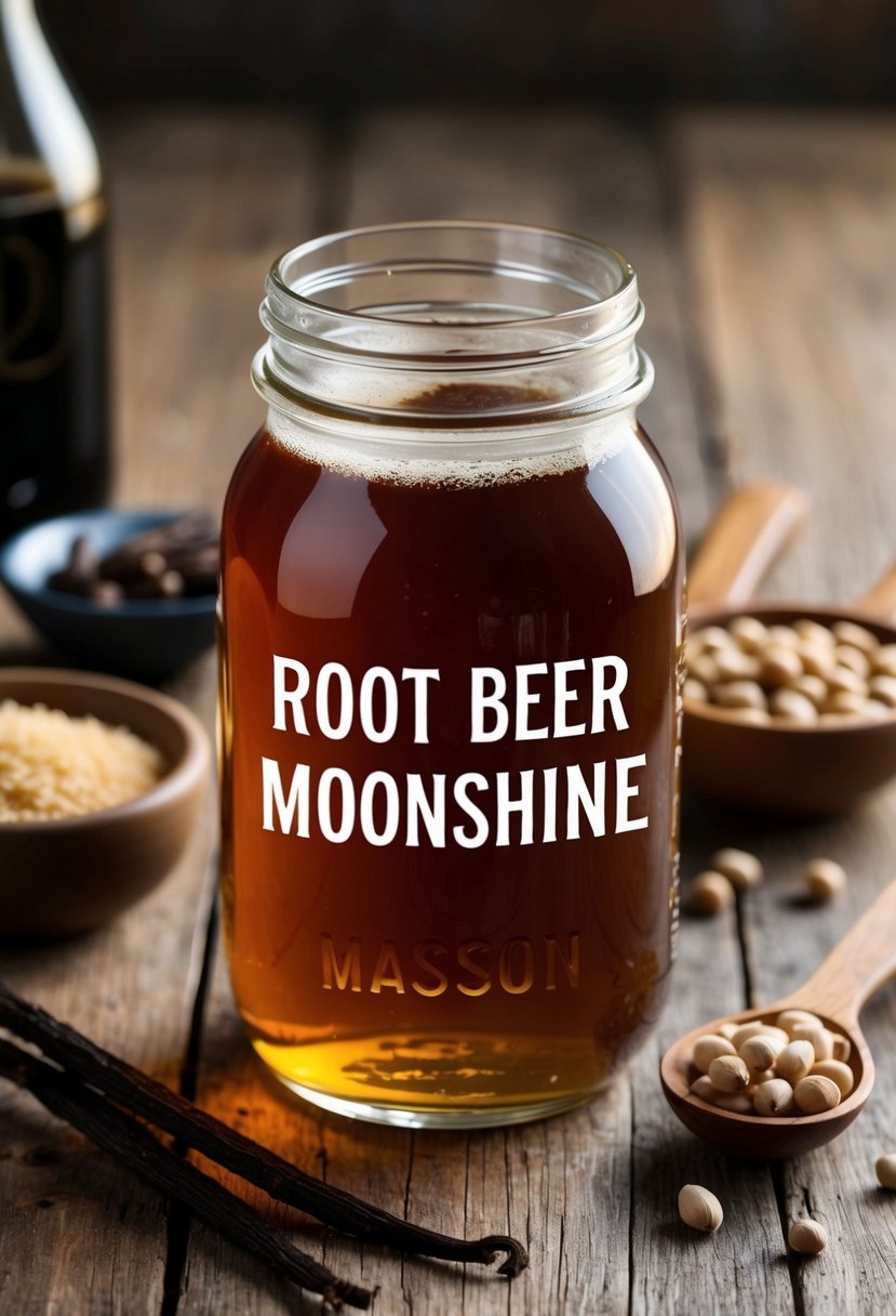 A mason jar filled with amber liquid labeled "Root Beer Moonshine" sits on a rustic wooden table, surrounded by ingredients like vanilla beans and sassafras