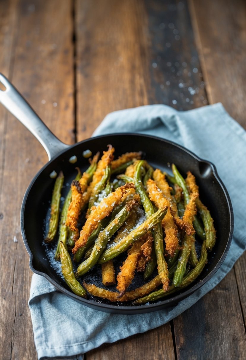 A sizzling skillet of golden-brown crispy fried green beans with a sprinkle of salt on a rustic wooden table