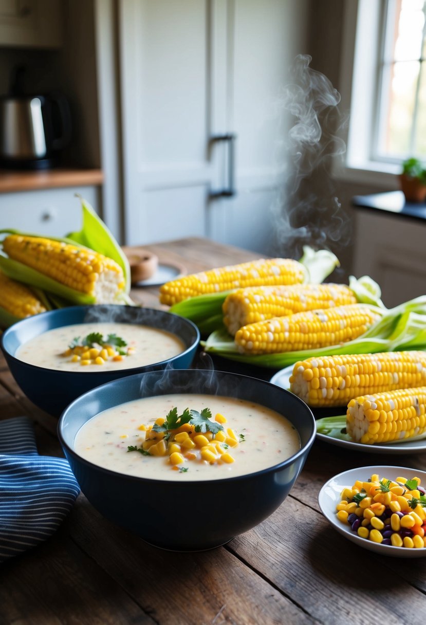 A rustic kitchen table set with a steaming bowl of creamy corn chowder, fresh corn on the cob, and a colorful corn salad