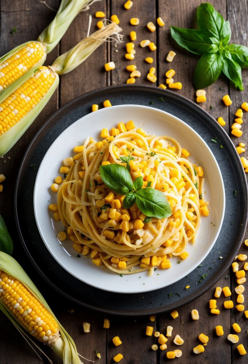 A steaming plate of creamy corn pasta topped with fresh basil leaves sits on a rustic wooden table, surrounded by scattered corn kernels and a sprig of basil