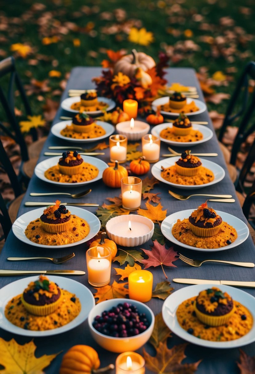 A table set with a colorful array of keto-friendly fall dishes, surrounded by autumn leaves and warm candlelight