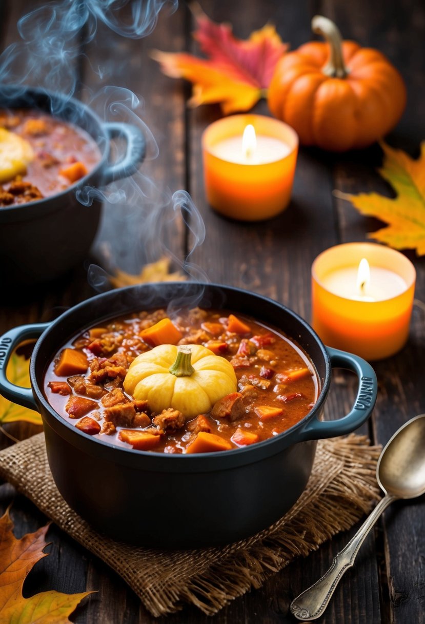 A steaming pot of pumpkin spice keto chili simmers on a rustic wooden table, surrounded by autumn leaves and a warm candle glow