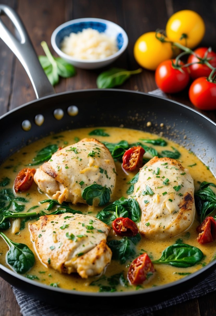 A skillet with creamy Tuscan garlic chicken, spinach, and sun-dried tomatoes simmering in a rich, keto-friendly sauce