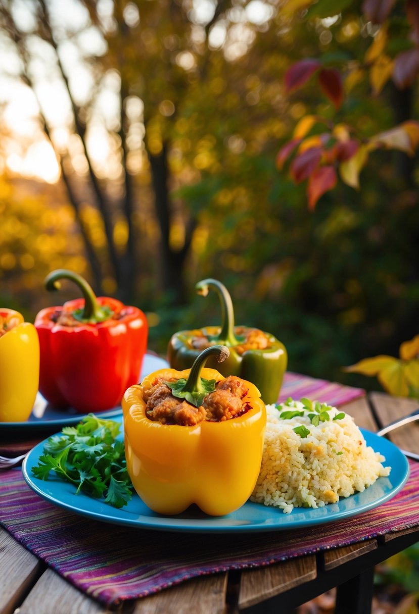 A table set with colorful stuffed bell peppers and a side of cauliflower rice, surrounded by fall foliage and warm lighting