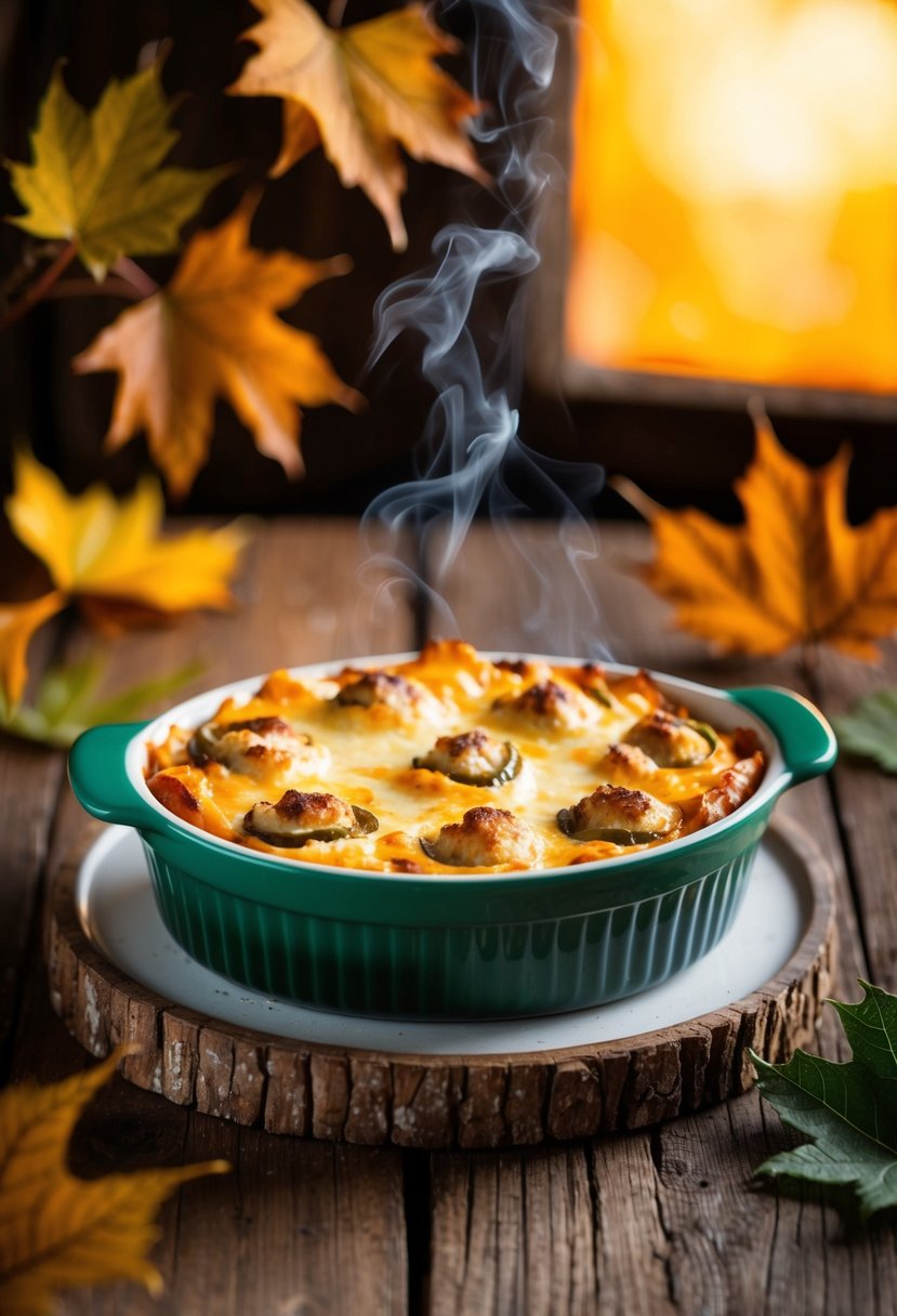 A steaming jalapeño popper casserole sits on a rustic wooden table, surrounded by autumn leaves and a warm, cozy glow