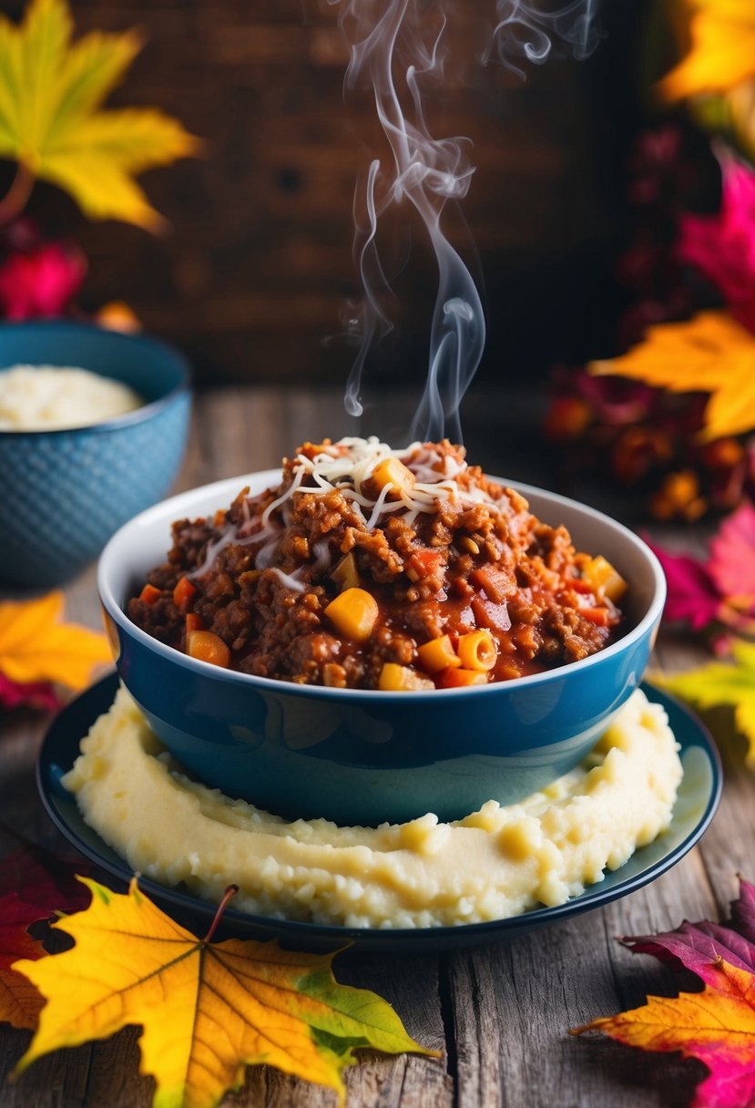 A steaming bowl of Keto Bolognese sits atop a bed of creamy mashed cauliflower, surrounded by colorful fall leaves and a warm, cozy atmosphere