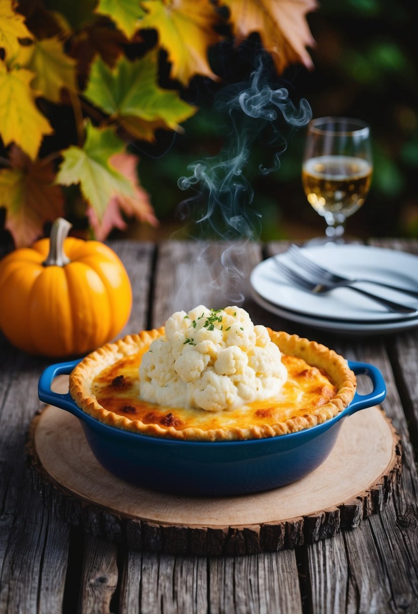 A rustic wooden table set with a steaming Shepherd's Pie topped with creamy cauliflower mash, surrounded by autumn foliage