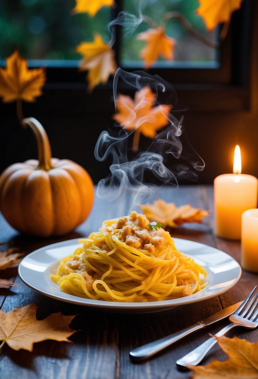 A steaming plate of spaghetti squash carbonara surrounded by autumn leaves and a warm candlelit table