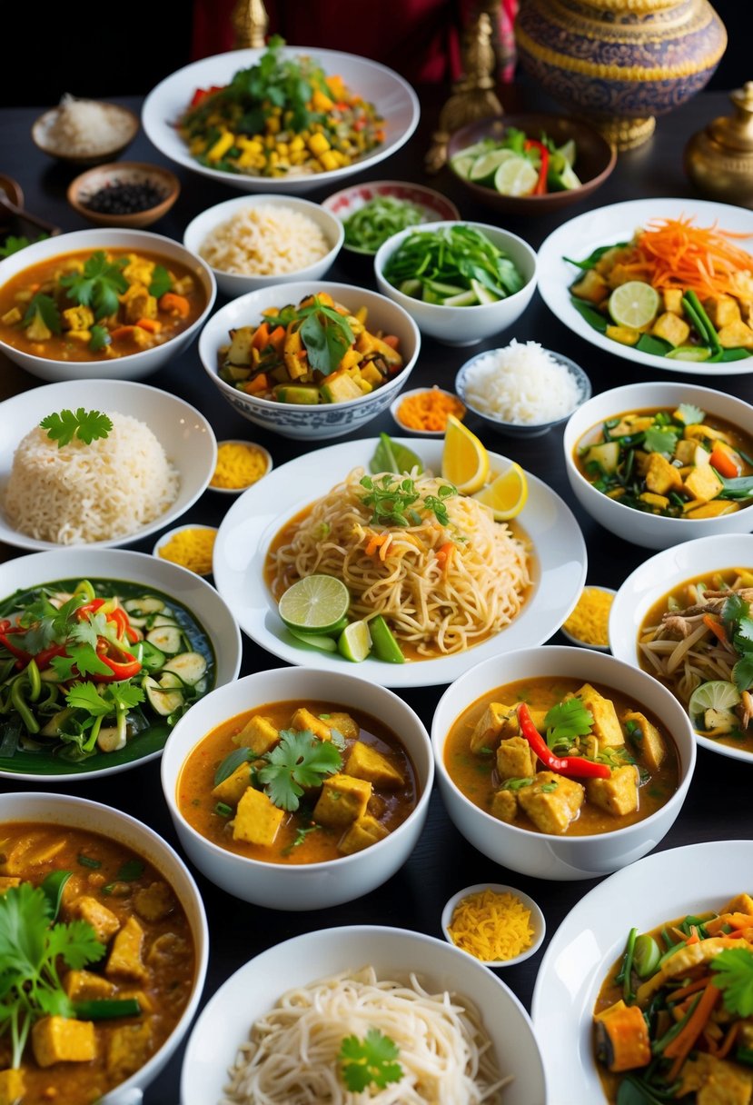 A table set with an assortment of colorful vegetarian Thai dishes, including curries, stir-fries, and noodle dishes, surrounded by traditional Thai decor and ingredients