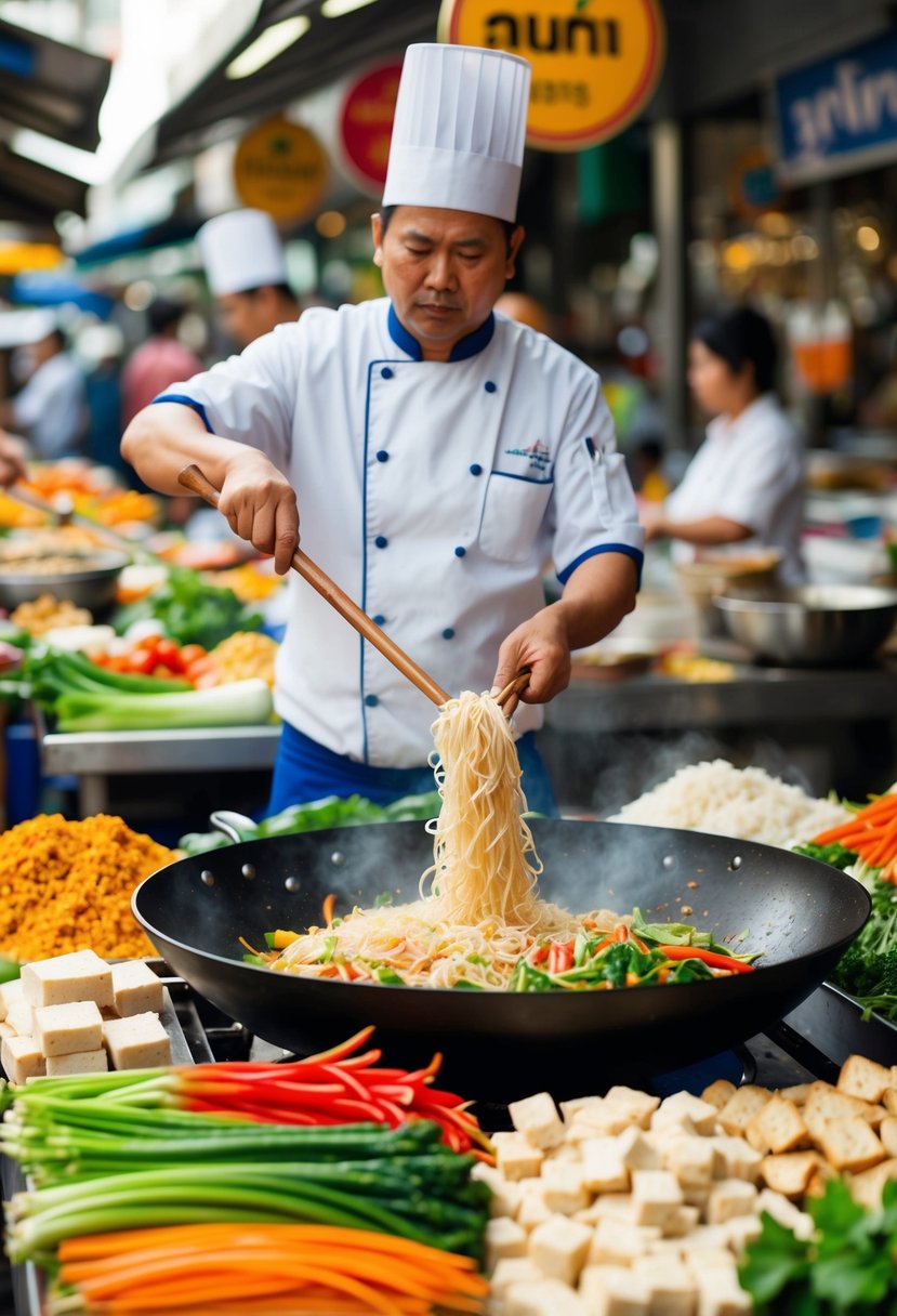 A bustling Thai street market with a chef stir-frying a colorful array of vegetables, tofu, and rice noodles in a large wok. Aromatic spices fill the air