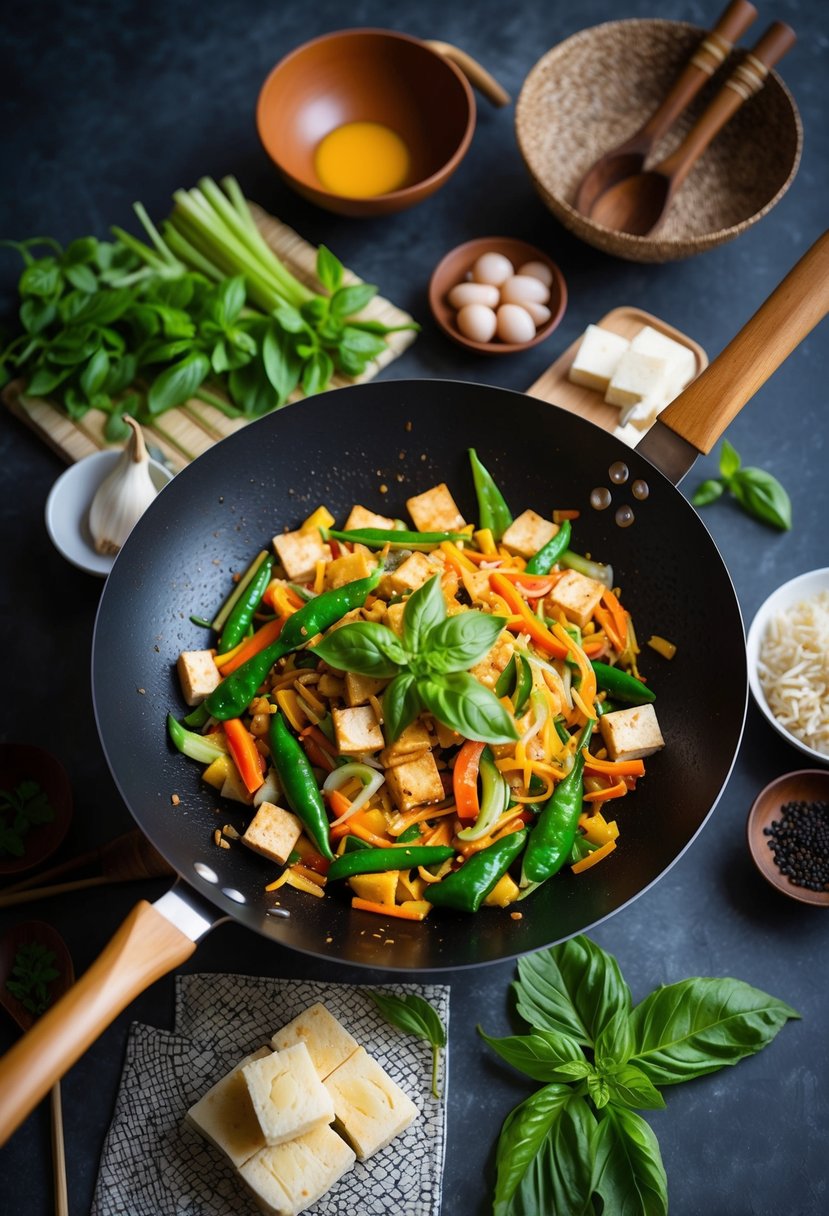 A sizzling wok filled with colorful stir-fried vegetables, tofu, and fresh Thai basil leaves, surrounded by traditional Thai cooking ingredients and utensils