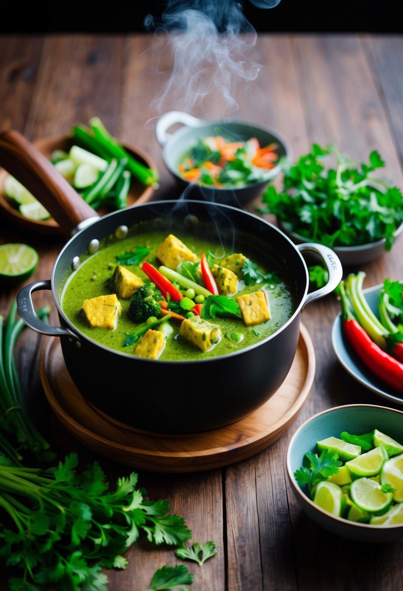 A steaming pot of Vegan Thai Green Curry surrounded by fresh vegetables and aromatic herbs on a wooden table