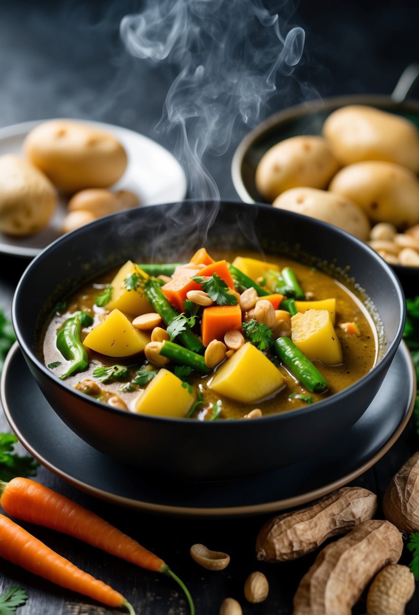 A steaming bowl of Vegetarian Massaman Curry surrounded by colorful ingredients like potatoes, carrots, and peanuts, with a hint of aromatic spices in the air